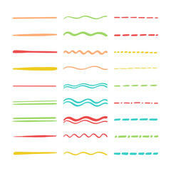 Collection of strikethrough multi colored underlines. different doodle colorful dotted and wavy lines. Horizontal hand drawn marker stripes, brush strokes.