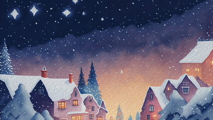 Snowy Village at Night