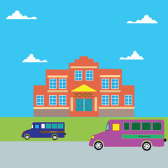 Back to school bus vector on road and school vector, tree concept banner design background, illustration. eps file