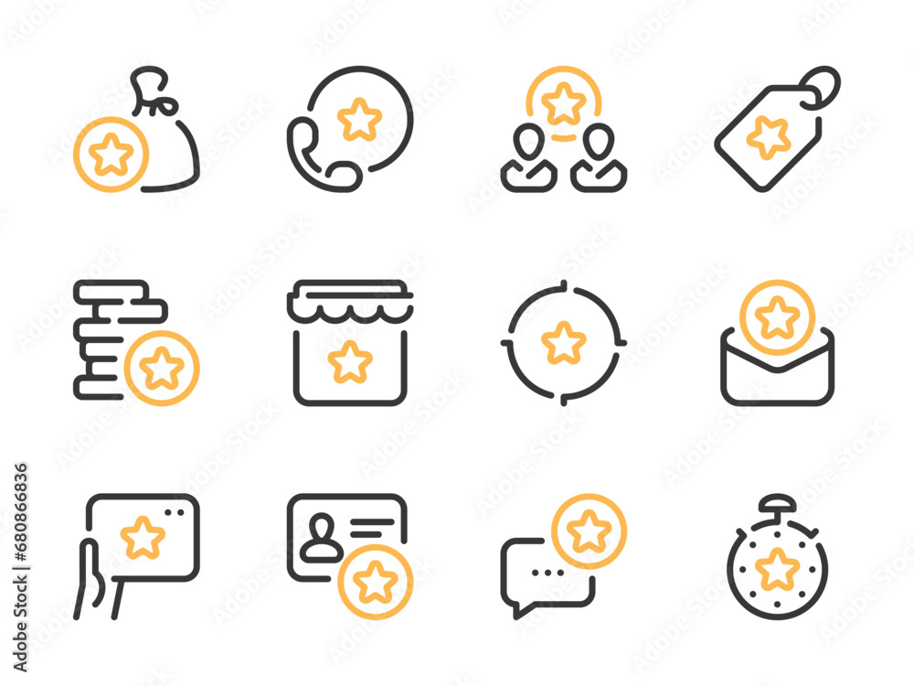 Poster loyalty program and bonus points vector line icons. collect coins and reward star outline icon set. 