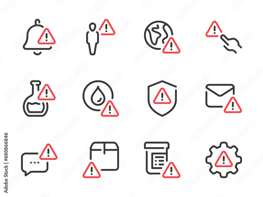 Poster warning and alert notification vector line icons. error, attention and caution outline icon set. col