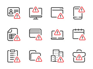 Warning and Alert Notification vector line icons. Error, Attention and Caution outline icon set. Color highlight symbols.