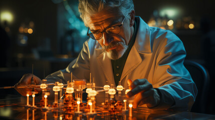 Scientist in lab coat examines glowing atomic model.