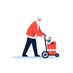 Businessman pushing manual trolley with santa claus character illustration daily activities working AI Generated