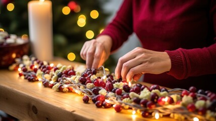 Close up of hands stringing popcorn and cranberries to create a homemade garland