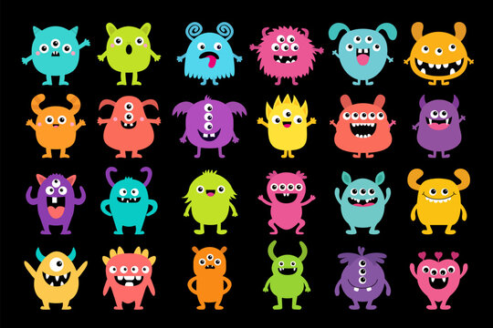 Monster icon big set. Happy Halloween. Colorful monsters. Eyes, tongue, tooth fang, hands up. Cute kawaii cartoon funny scary baby character. Flat design. Isolated. Black background.