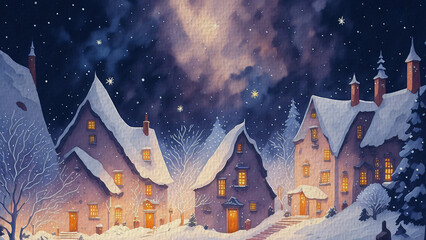 Snowy Village at Night