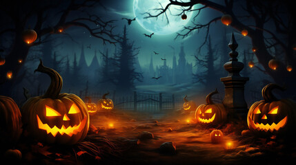 Fototapeta premium Spooky halloween wallpaper with pumpkin and old house Fantasy spooky halloween night. Beware haunted house. Eerie forest adventures. Trick or treat. Midnight delight. Creepy castle in moonlight 