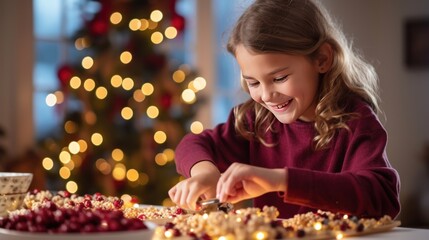 Portrait of girl stringing popcorn and cranberries to create a homemade garland, with festive lights and ornaments in the background