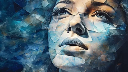 Foto op Plexiglas Faceted Portrait of a Woman in Cool Blue Tones © Artbotics