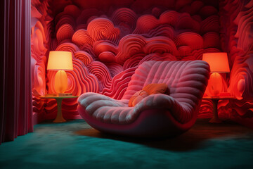 Obraz premium Luxury bedroom decorated with waves design, coral and sea theme. Psychodelic bright design. Futuristic modern Bedroom interior for modern home and hotel badroom.