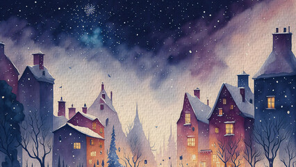 Snowy Village at Night