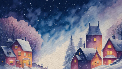Snowy Village at Night