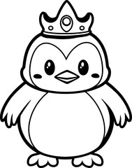 Cute little penguin with crown silhouette. Vector template for laser cutting.