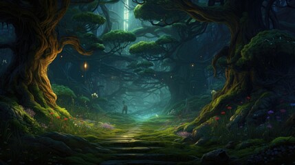 Enchanted forest pathway under ancient trees with mystical lights.