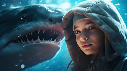 Close-Up Photography of a Girl and a Shark Together.
