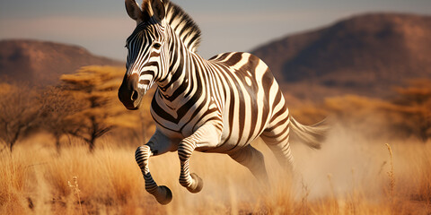 A zebra running on on grassland in the wild against forest background  - obrazy, fototapety, plakaty