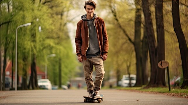 Teenager with skateboard in an urban park.