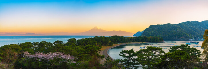戸田港越しに朝の富士山を望む - obrazy, fototapety, plakaty