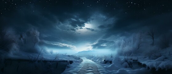 Verschneite Mitternacht im Wald: Schauriger Pfad im blauen Mondlicht