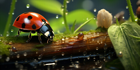 A ladybug sitting on a wood with water drops against blur background  - obrazy, fototapety, plakaty