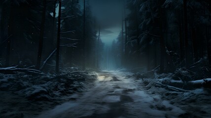 Geheimnisvolle Nacht im Wald: Ein verschneiter Pfad im blauen Mondlicht
