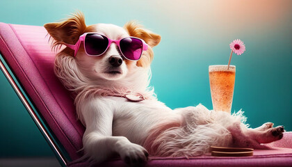 Ruhestand genießen bei Renteneintritt von Senioren symbolisch mit Hund dargestellt der rosa Sonnenbrille trägt, Chihuahua Wellness Altersvorsorge Rentnerleben Generative AI  - obrazy, fototapety, plakaty