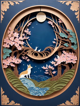 Oil painting on paper style,Fox has flower viewing under Sakura tree and full moon,AI Generated