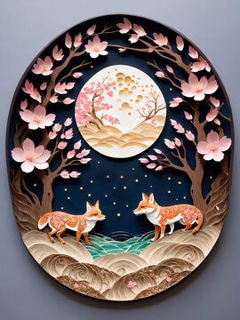 Oil painting on paper style,Fox has flower viewing under Sakura tree and full moon,AI Generated