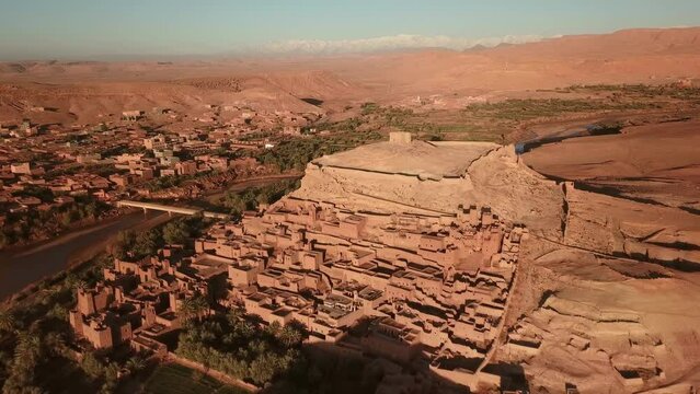 Aerial view on Kasbah Ait Ben Haddou in the Atlas Mountains, Morocco, 4k