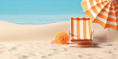 Beach umbrella with chairs, inflatable ring on beach sand. summer vacation concept. 3d rendering, Generative AI - obrazy, fototapety, plakaty