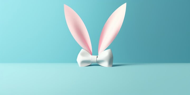 White rabbit ear on pastel blue background. Easter day. 3d rendering, Generative AI