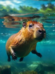 A Capibara swimming underwater.