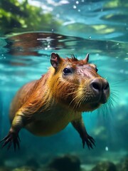 A Capibara swimming underwater.