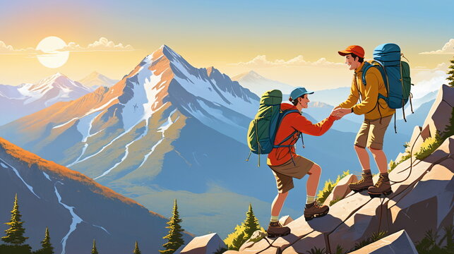 Helping Hand: Hikers Conquering the Mountain Together