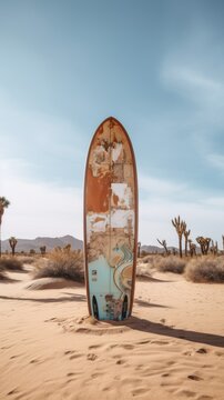 Standing surfboard in the middle of a desert