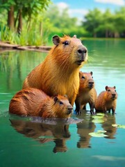 capybara mother with they children in the water on nature background