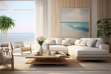 Fototapeta premium Breezy coastal living room with plush white couch, vibrant beach painting, and floor-to-ceiling windows framing a breathtaking view of the sparkling ocean.