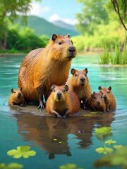 capybara mother with they children in the water on nature background