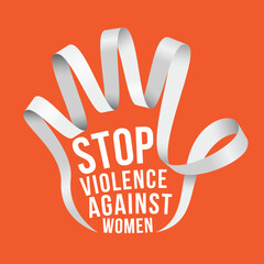Stop Violence Against Women text in white ribbon roll waving to stop hand shape on orang background vector design