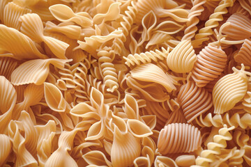layout of Italian raw pasta, top view, different types and shapes of pasta, durum wheat noodles, close-up. - obrazy, fototapety, plakaty