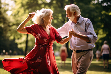 A joyful elderly couple, in their late 70s, dancing spiritedly in a sunlit park