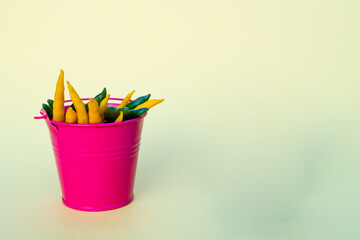 Green and yellow chili peppers in pink bucket with copy space. The concept of agriculture and advertising of organic products