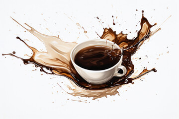 Photo of a dynamic and energetic depiction of a coffee cup overflowing with splashes