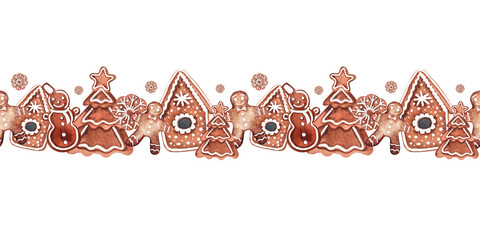 Christmas watercolor illustration, New Year seamless border with gingerbread house, snowman and man
