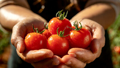 Close-up of two wrinkled hands (cupped hands full of fresh red tomatoes) of a farmer showing the harvest of red small tomatoes wet with dew. 