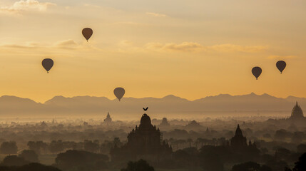 Balloon flying over the Pagoda in the Morning at Bagan, Myanmar