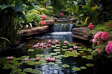 A peaceful garden pond with water lilies and a gentle waterfall, creating a sense of serenity. 