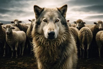 Deurstickers wolf and flock of grazing sheep around © alter_photo