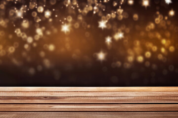 Christmas golden bokeh and stars background with empty table
